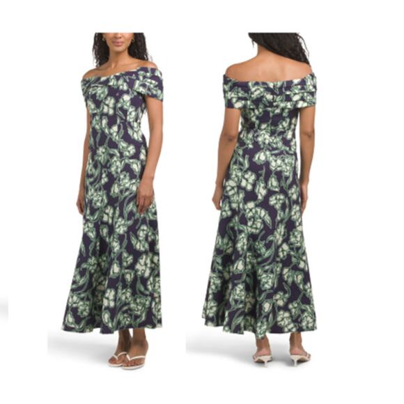 NWT Nicholas Diana Off Shoulder Midi Dress Willa Navy Floral Linen Blend Size 2 - Picture 1 of 16